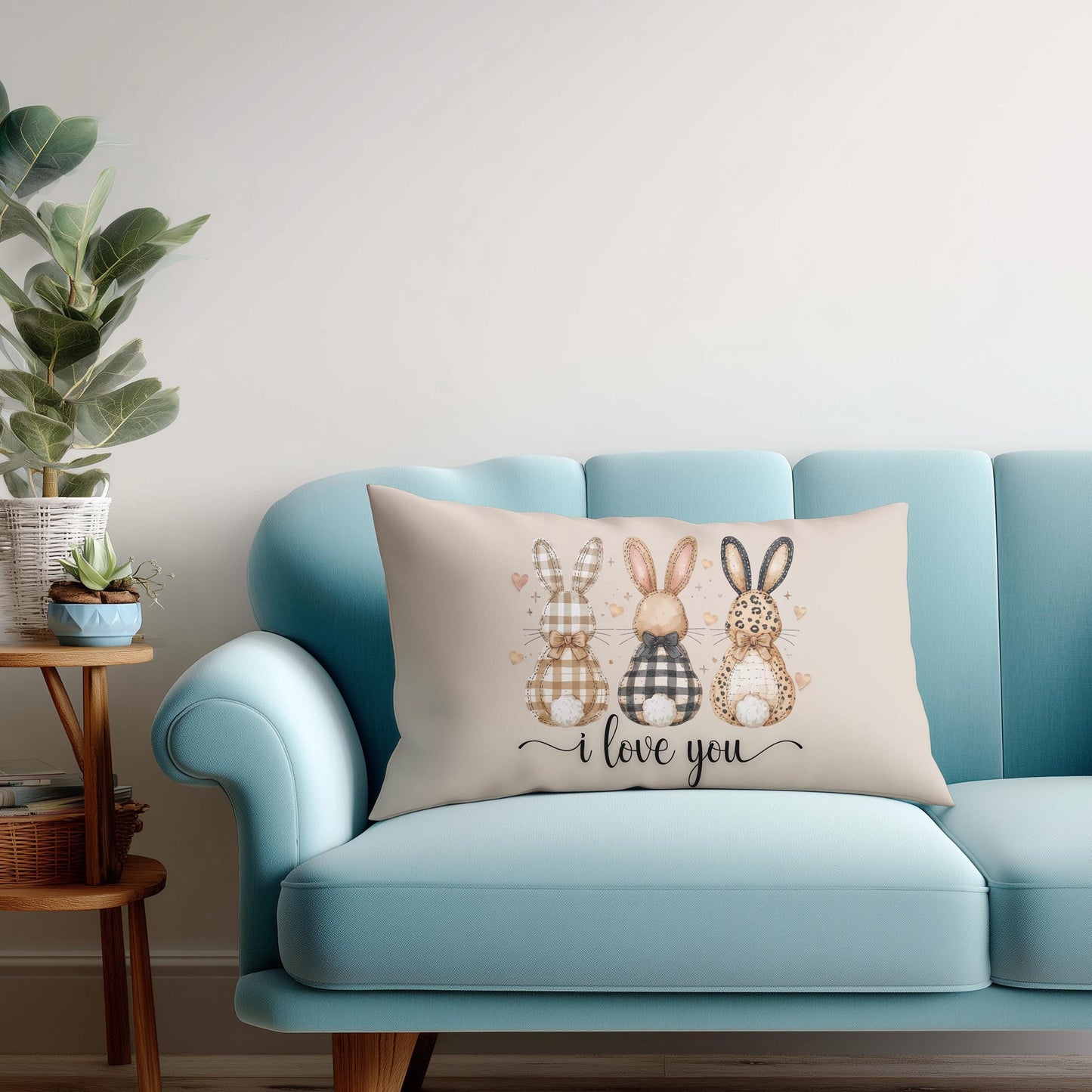 I Love You Bunny Trio Lumbar Pillow Easter Spring Farmhouse Decor Throw Pastel Holiday