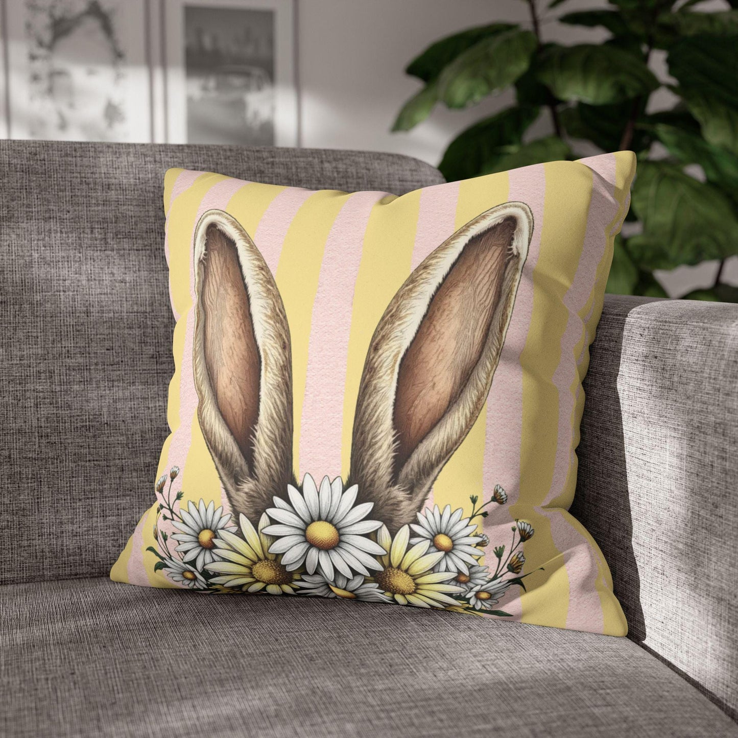 Bunny Ears Daisy Pastel Striped Faux Suede Square Pillowcase - Spring Easter Decor Pillow Cover