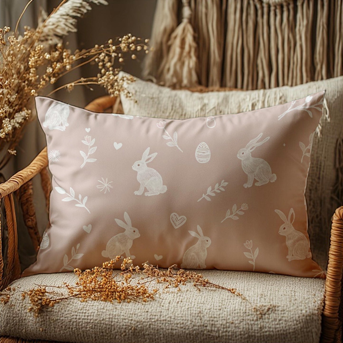 Pink Bunny Lumbar Pillow | Whimsical Rabbit Nursery Decor | Easter Spring Accent Cushion Gift