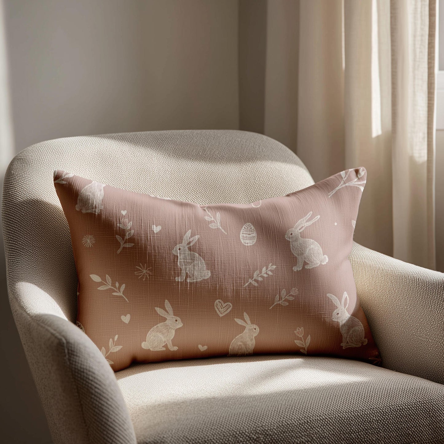 Pink Bunny Lumbar Pillow | Whimsical Rabbit Nursery Decor | Easter Spring Accent Cushion Gift