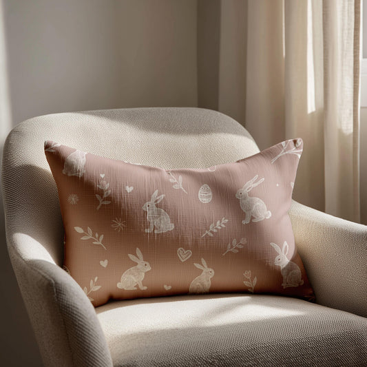Pink Bunny Lumbar Pillow | Whimsical Rabbit Nursery Decor | Easter Spring Accent Cushion Gift