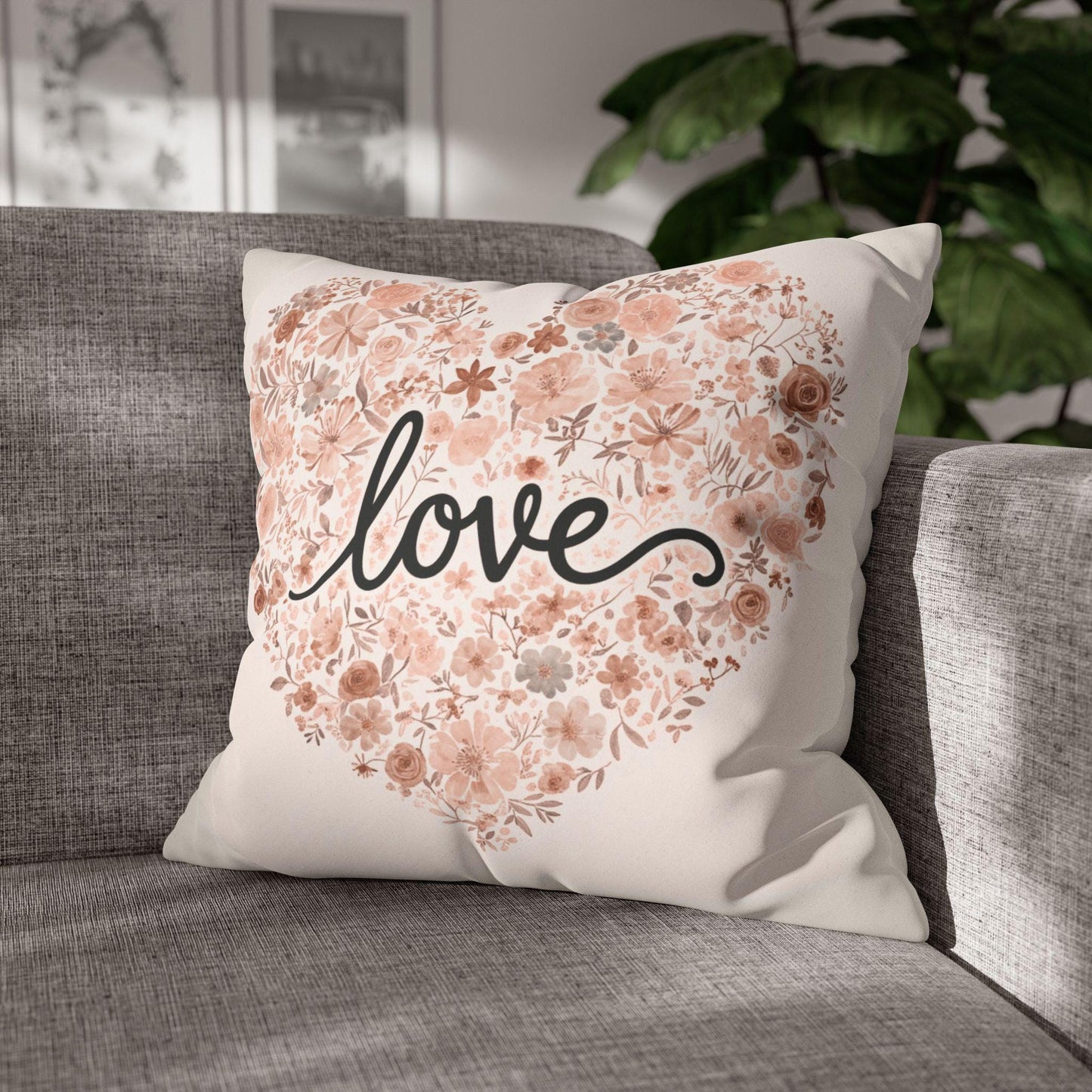 Floral Heart Love Faux Suede Square Pillowcase | Romantic Valentine Throw Pillow Cover