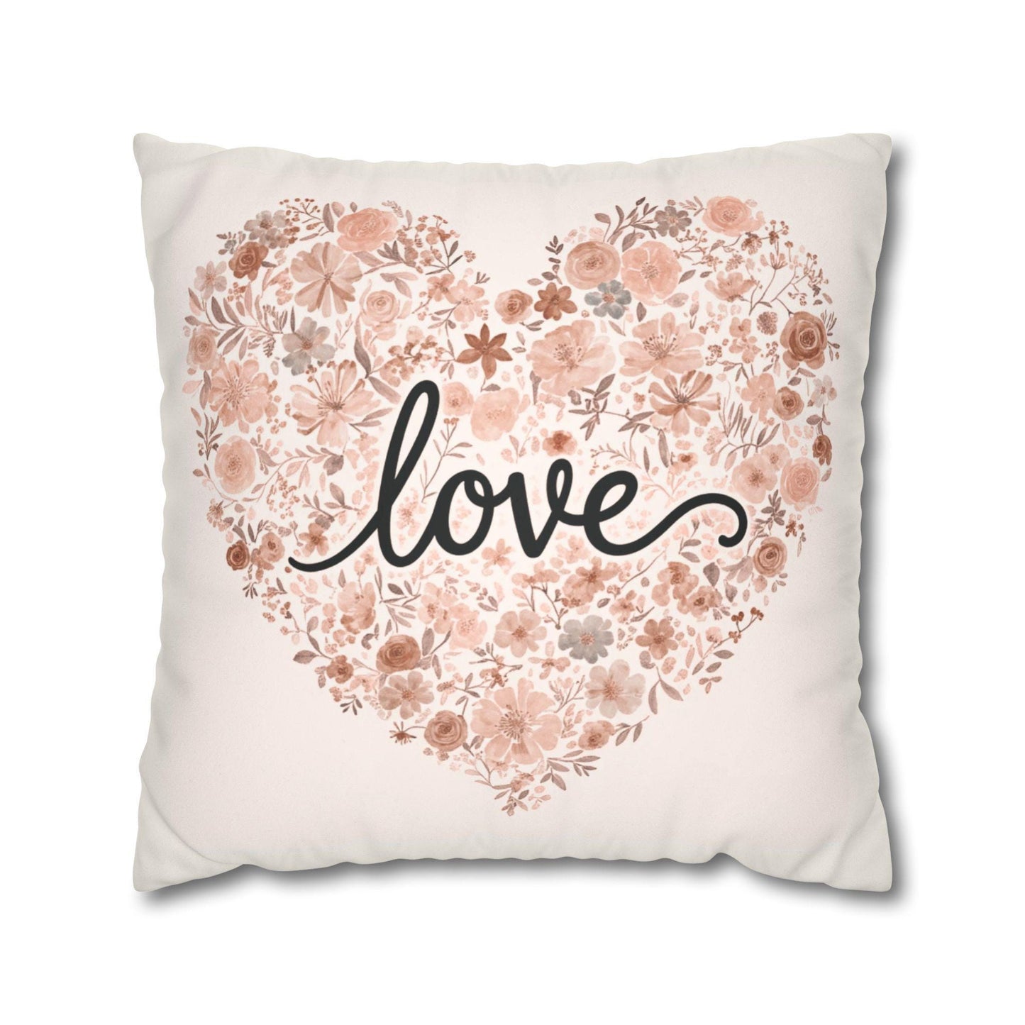Floral Heart Love Faux Suede Square Pillowcase | Romantic Valentine Throw Pillow Cover