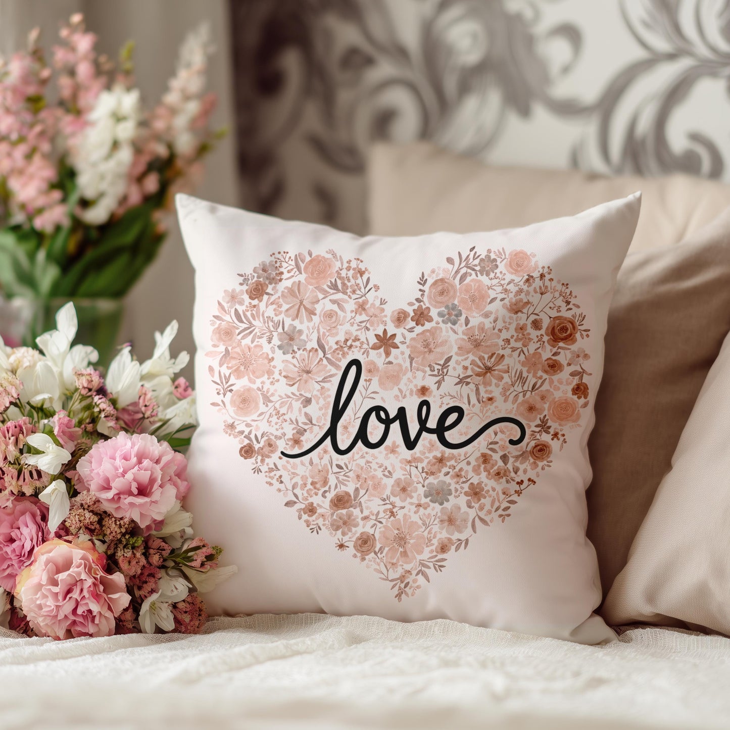 Floral Heart Love Faux Suede Square Pillowcase | Romantic Valentine Throw Pillow Cover