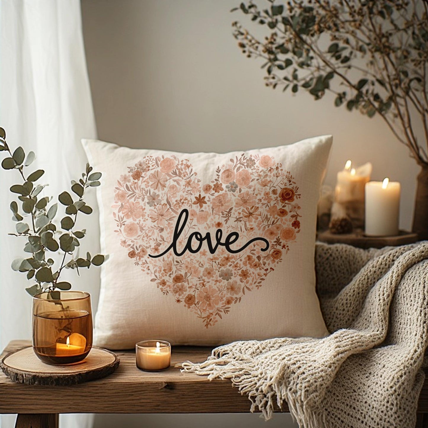 Floral Heart Love Faux Suede Square Pillowcase | Romantic Valentine Throw Pillow Cover