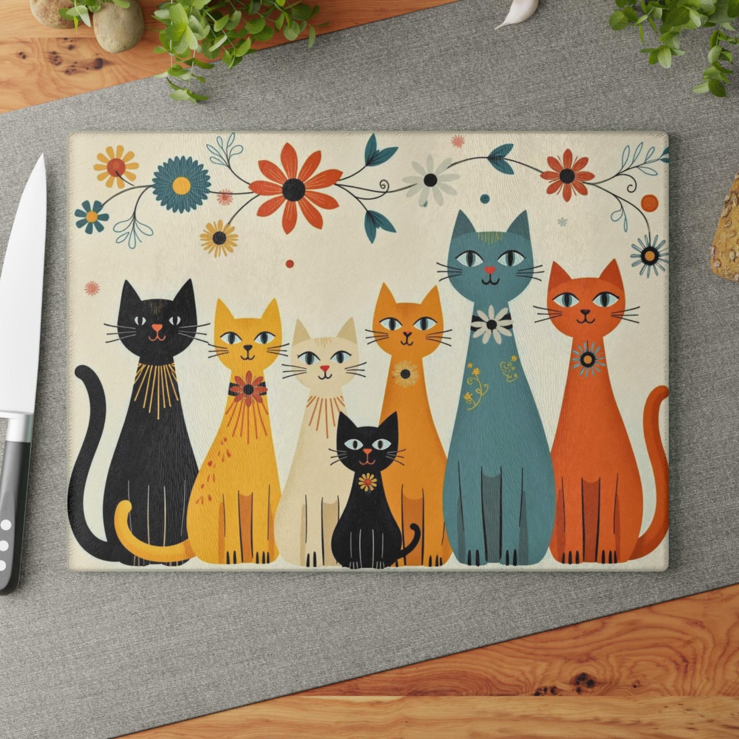 Retro Floral Cat Row Glass Cutting Board Colorful Kitchen Decor Vintage Animal Lover Gift