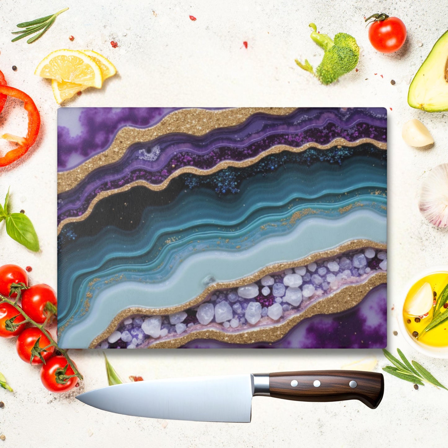 Purple Agate Geode Inspired Glass Cutting Board - Kitchen Serving Decor Gift
