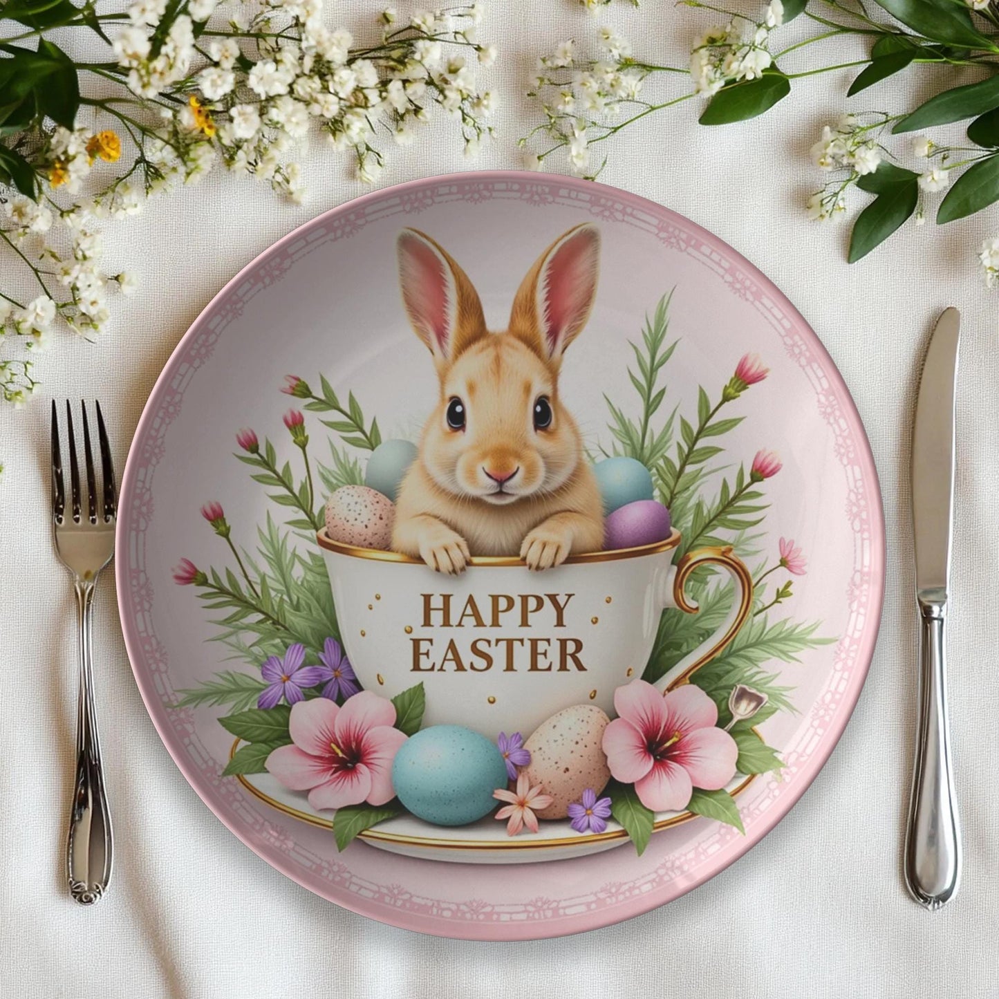 Happy Easter ThermoSaf Plate - Pink Holiday Polymer Dinnerware for Spring Celebration