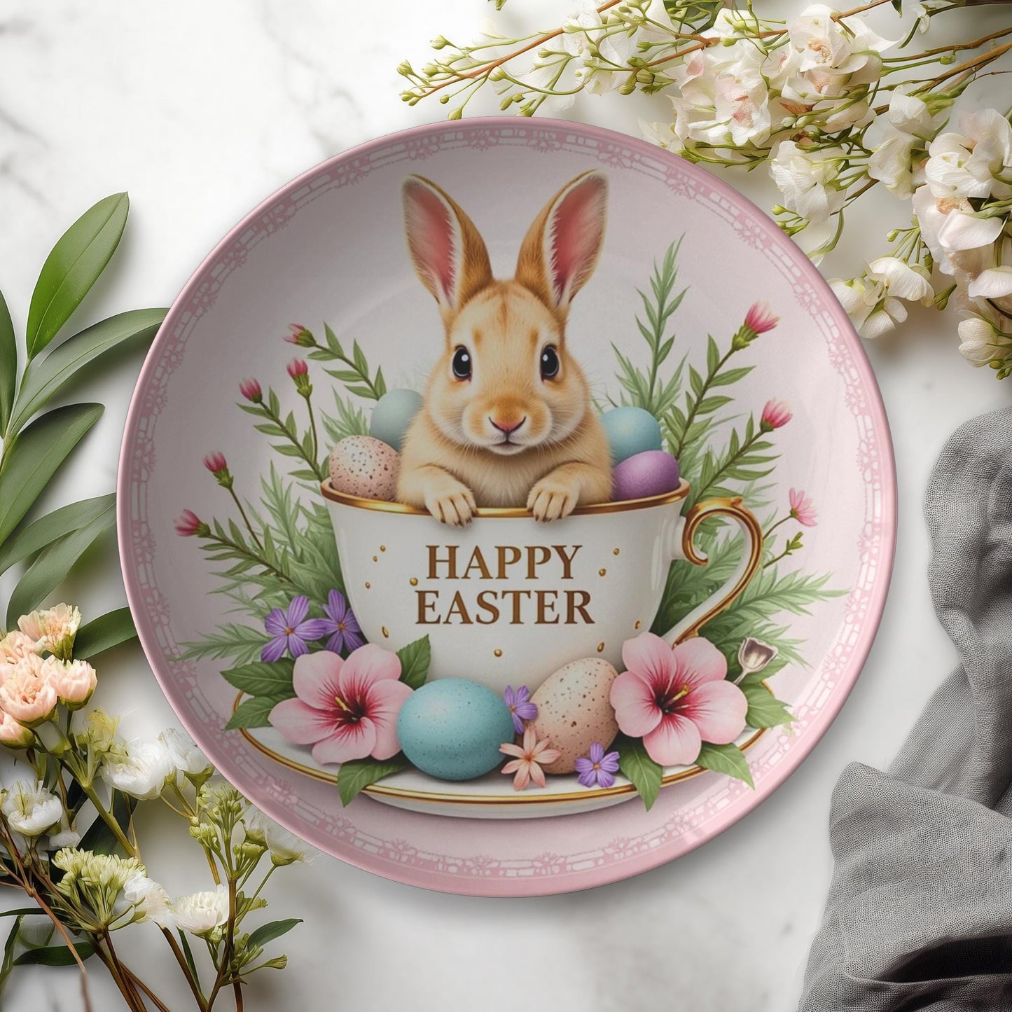 Happy Easter ThermoSaf Plate - Pink Holiday Polymer Dinnerware for Spring Celebration