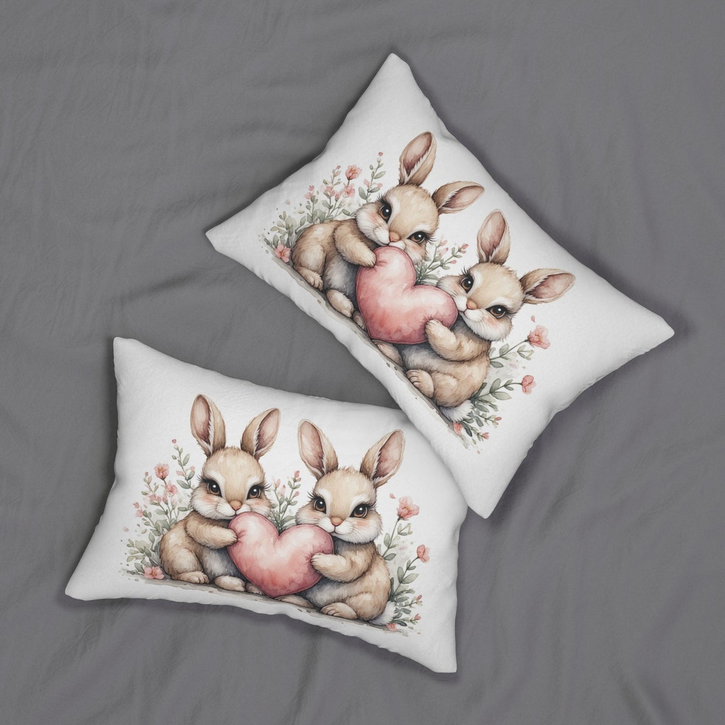 Two Bunnies Holding Heart Lumbar Pillow - Nursery Decor Animal Baby Room Easter