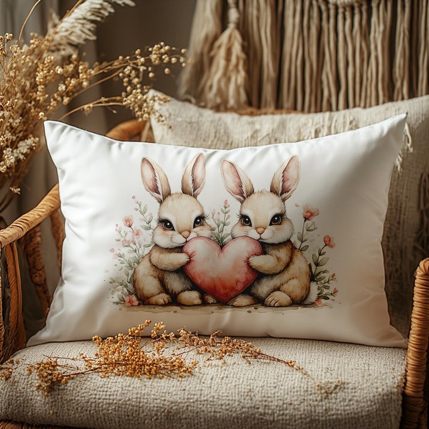 Two Bunnies Holding Heart Lumbar Pillow - Nursery Decor Animal Baby Room Easter