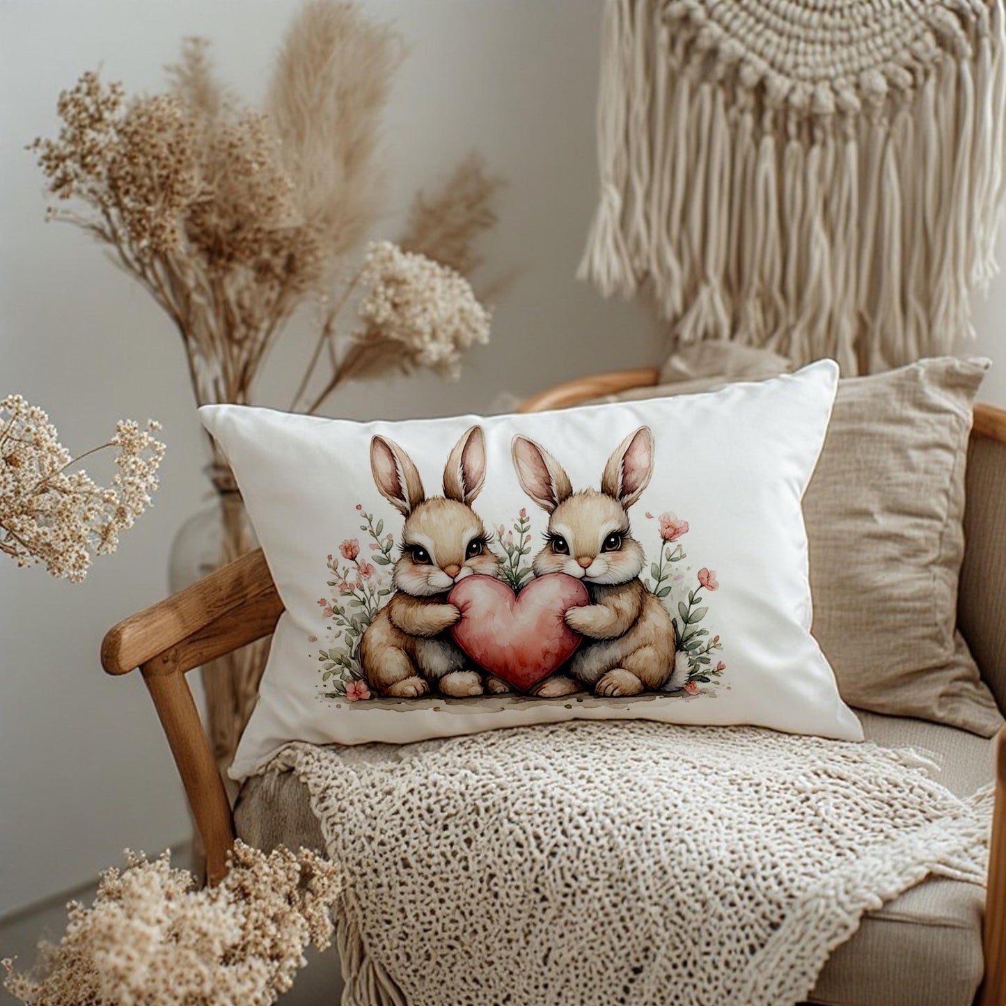 Two Bunnies Holding Heart Lumbar Pillow - Nursery Decor Animal Baby Room Easter
