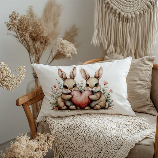 Two Bunnies Holding Heart Lumbar Pillow - Nursery Decor Animal Baby Room Easter