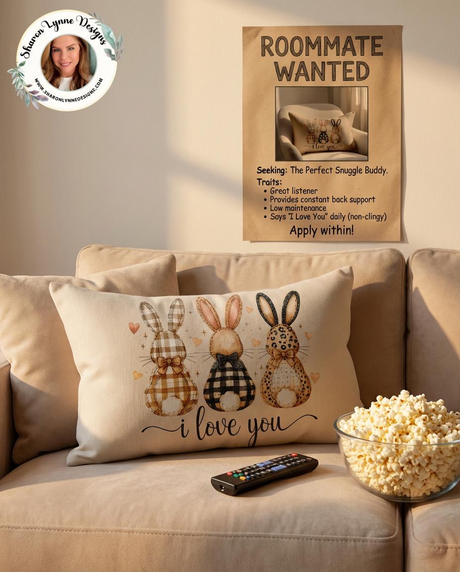 I Love You Bunny Trio Lumbar Pillow Easter Spring Farmhouse Decor Throw Pastel Holiday