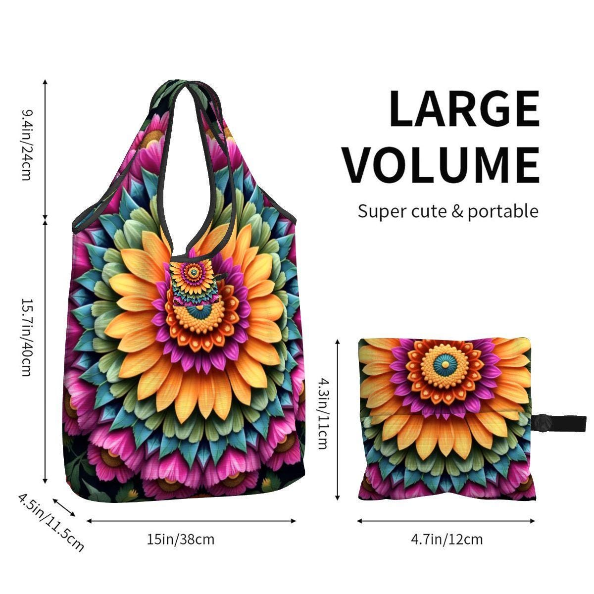Mandala Folding Reusable Grocery Bags - Compact Eco-Friendly Shopping Tote with Sacred Geometry Design