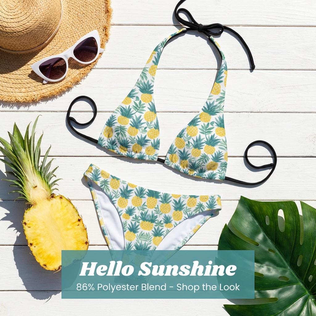 Pineapple Two Piece Halter Swimsuit - Tropical Print Bikini Set Summer Beach Vacation Swimwear