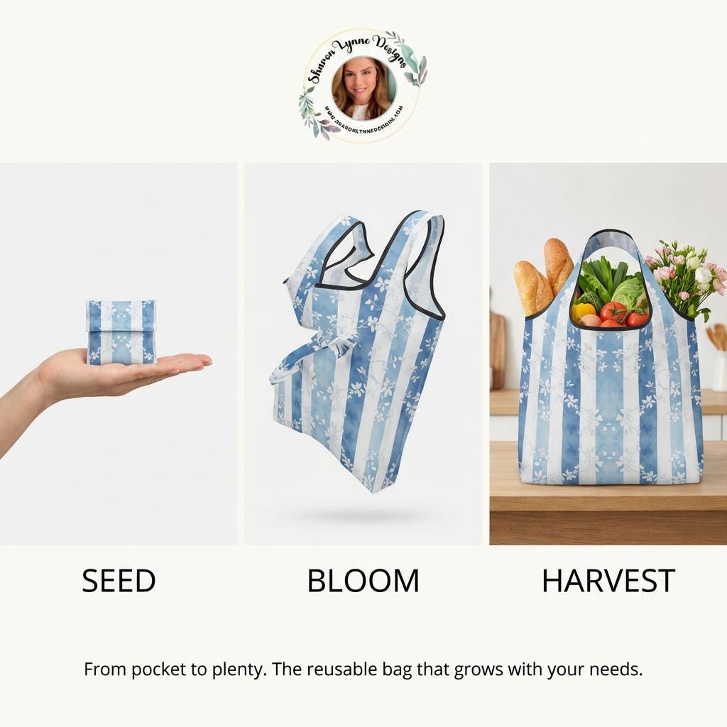 Blue Floral Folding Reusable Grocery Bags - Eco-Friendly Compact Shopping Totes with Pretty Botanical Design