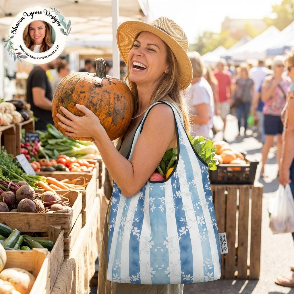 Blue Floral Folding Reusable Grocery Bags - Eco-Friendly Compact Shopping Totes with Pretty Botanical Design