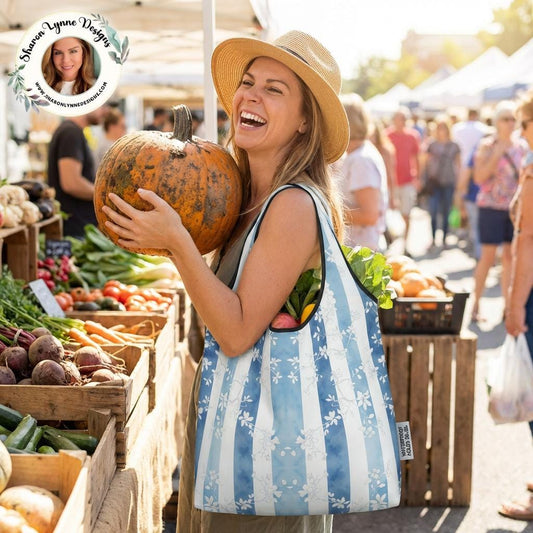 Blue Floral Folding Reusable Grocery Bags - Eco-Friendly Compact Shopping Totes with Pretty Botanical Design