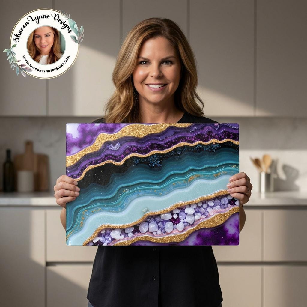 Purple Agate Geode Inspired Glass Cutting Board - Kitchen Serving Decor Gift