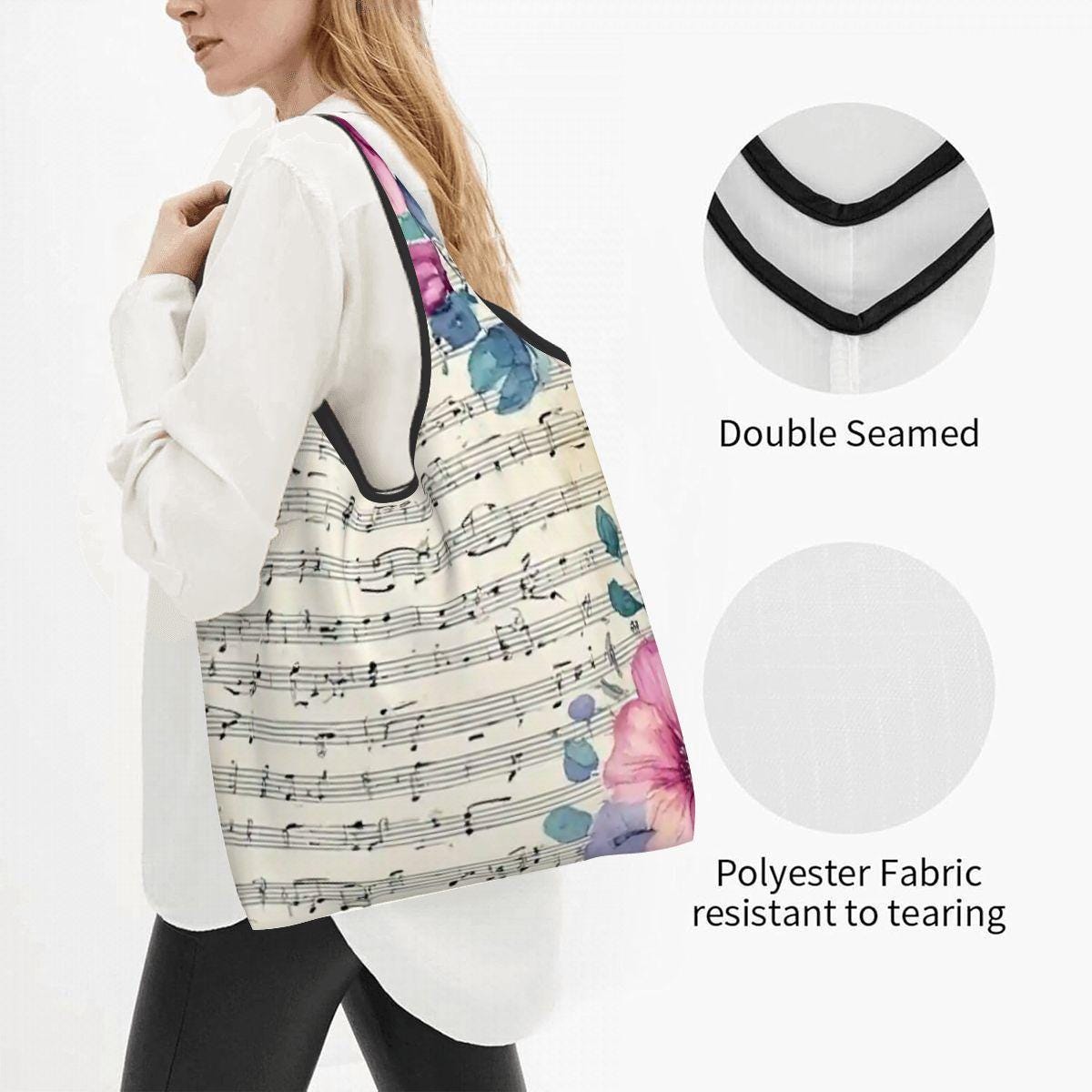 Music Note Folding Reusable Grocery Shopping Bags - Compact Eco-Friendly Tote with Musical Design