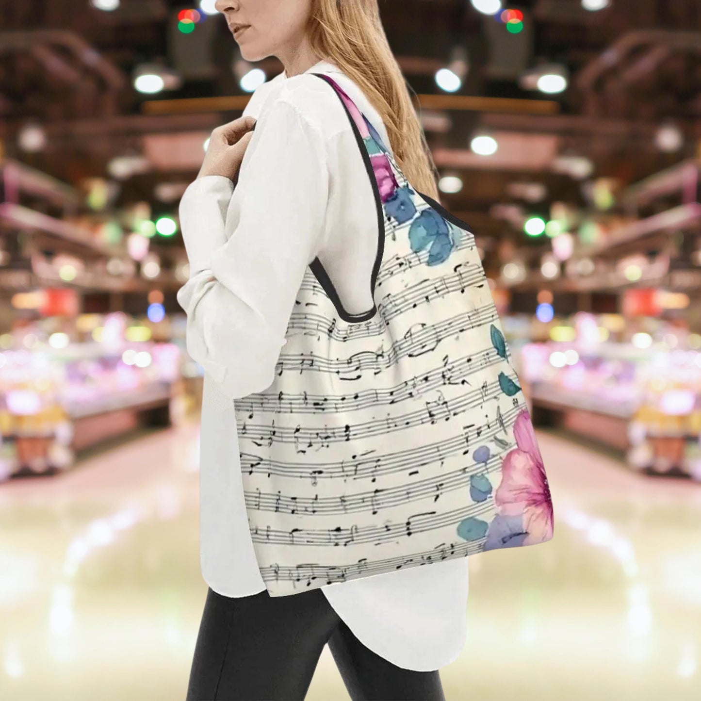 Music Note Folding Reusable Grocery Shopping Bags - Compact Eco-Friendly Tote with Musical Design
