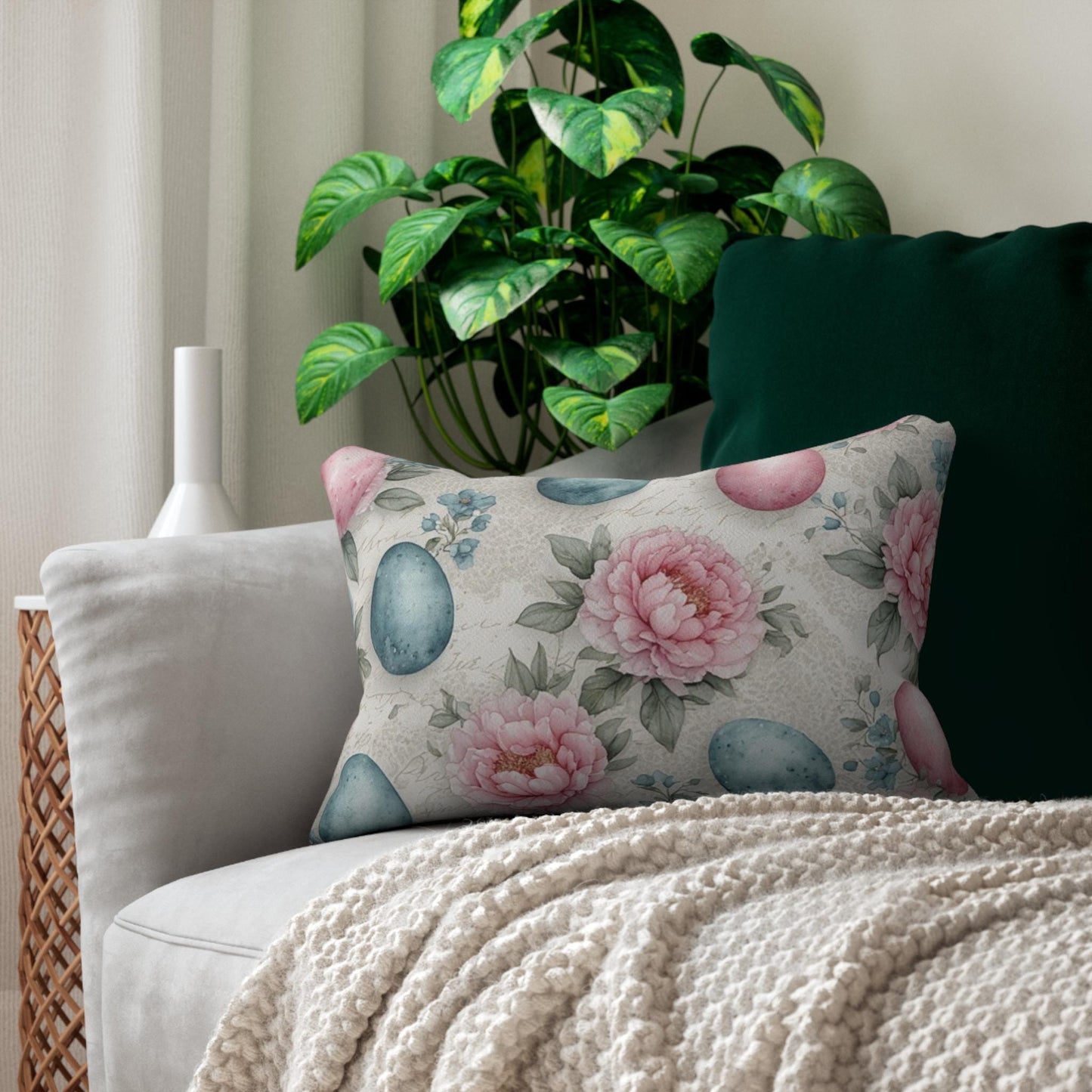 Pink Peonies Easter Eggs Lumbar Pillow | Spring Floral Cushion Holiday Decor Pastel