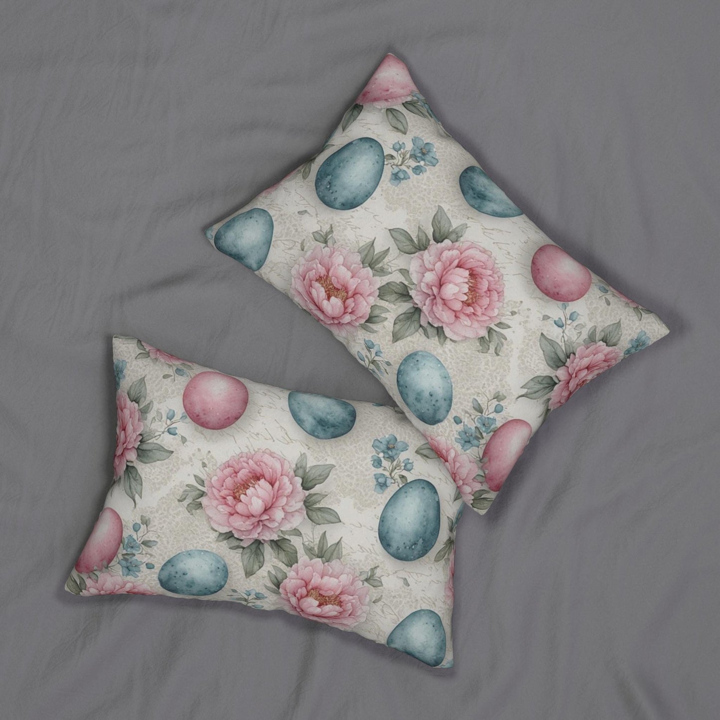 Pink Peonies Easter Eggs Lumbar Pillow | Spring Floral Cushion Holiday Decor Pastel