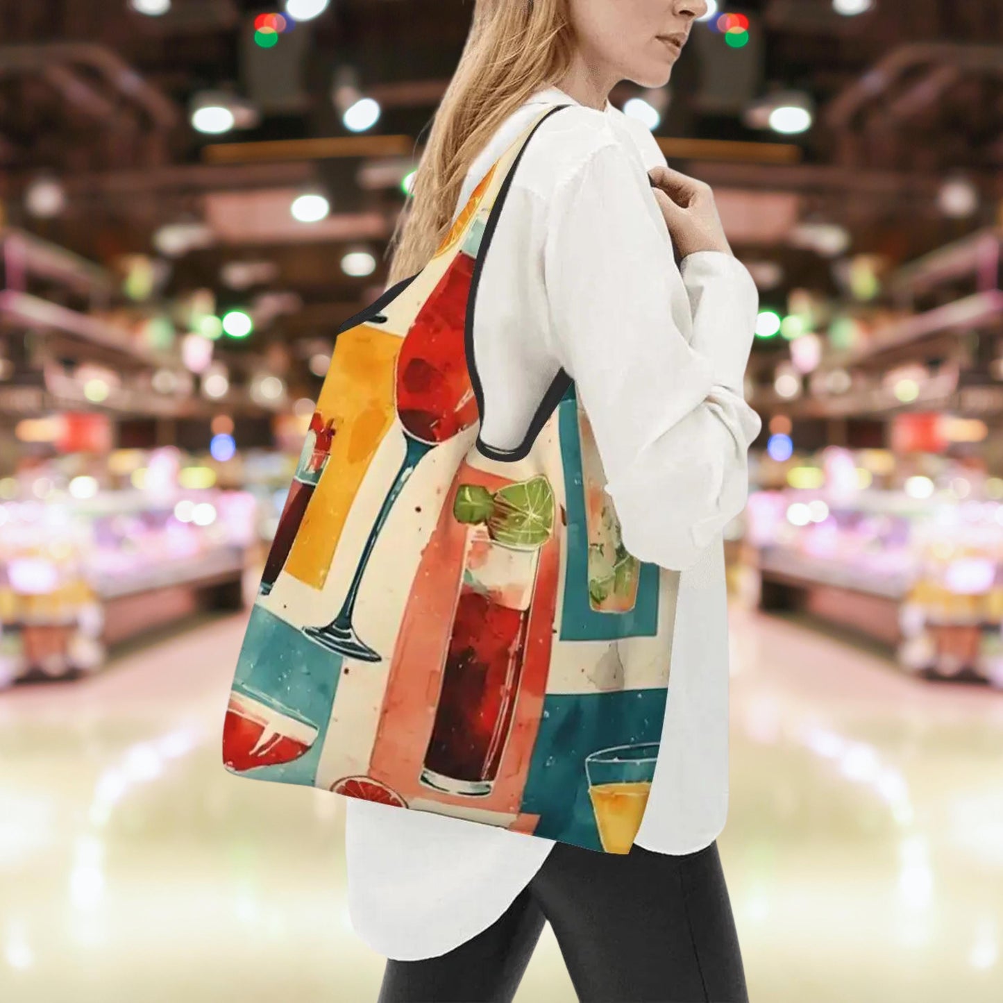 Mid-Century Cocktail Folding Reusable Grocery Shopping Bags - Retro Kitchen Storage Tote