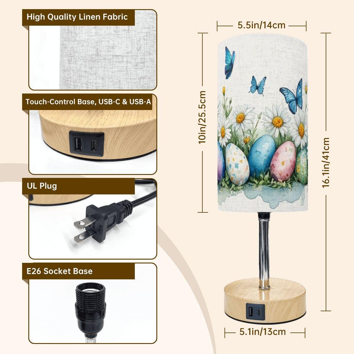 Easter Touch Bedside Table Lamp with USB Charging Port - Spring Holiday Decor Night Light