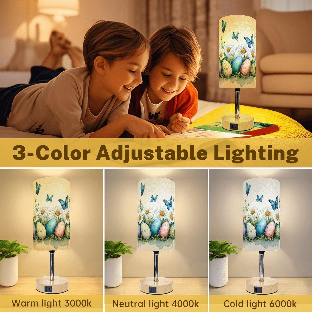 Easter Touch Bedside Table Lamp with USB Charging Port - Spring Holiday Decor Night Light