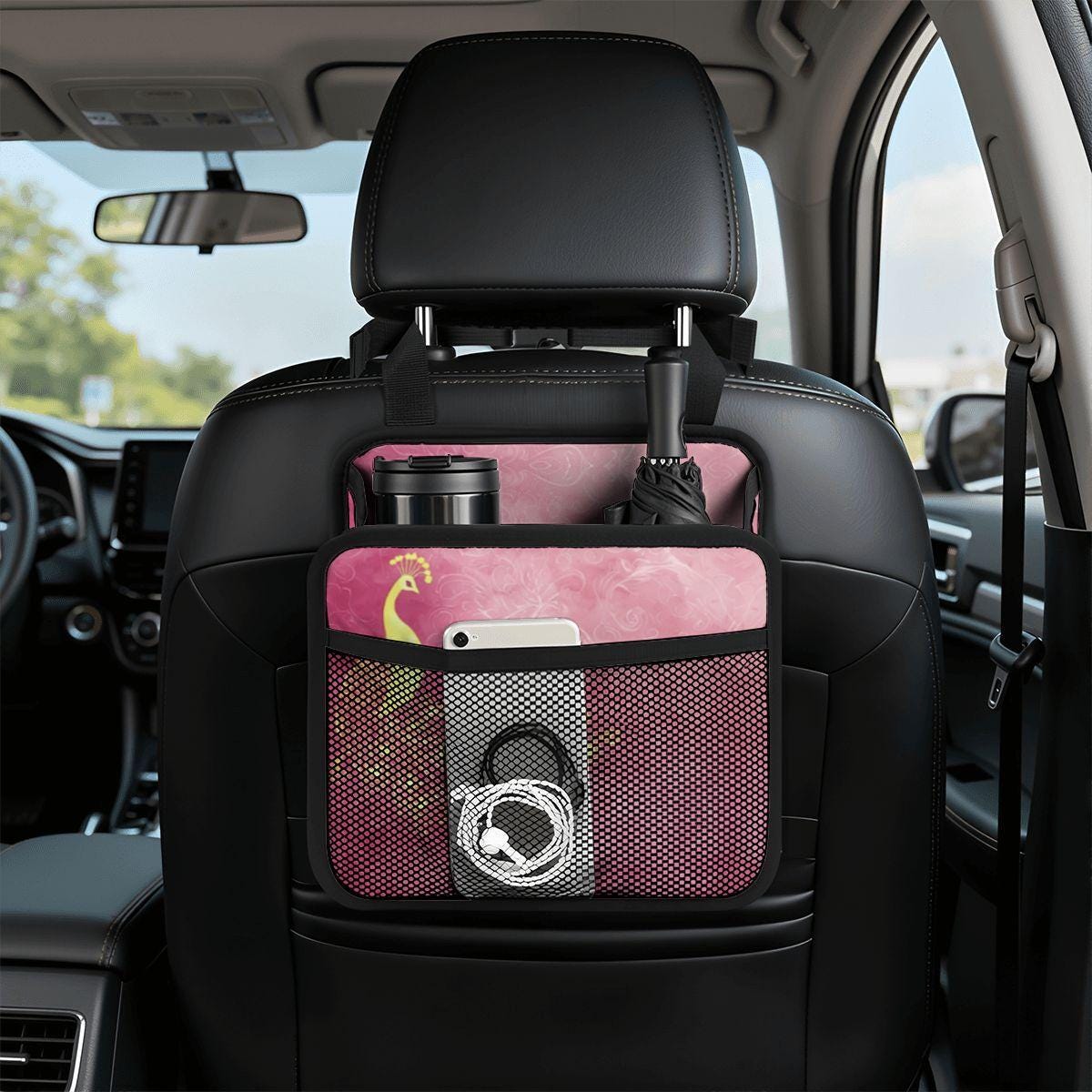 Pink Peacock Car Seat Organizer - Kids Travel Storage Caddy Back Protector for Auto Vehicle
