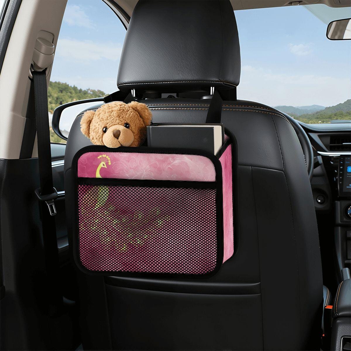 Pink Peacock Car Seat Organizer - Kids Travel Storage Caddy Back Protector for Auto Vehicle