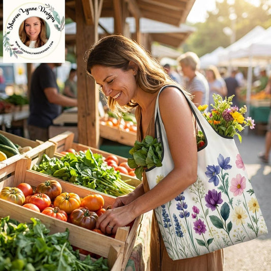 Floral Folding Reusable Grocery Bags - Eco Friendly Compact Shopping Totes with Pretty Flower Pattern