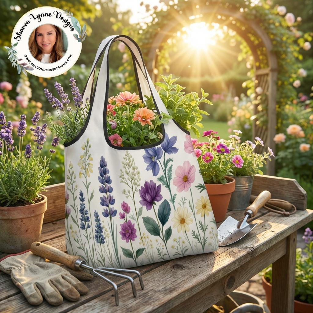 Floral Folding Reusable Grocery Bags - Eco Friendly Compact Shopping Totes with Pretty Flower Pattern