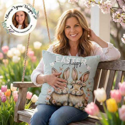 Happy Easter Bunnies Faux Suede Pillowcase - Spring Holiday Home Decor Throw Cushion