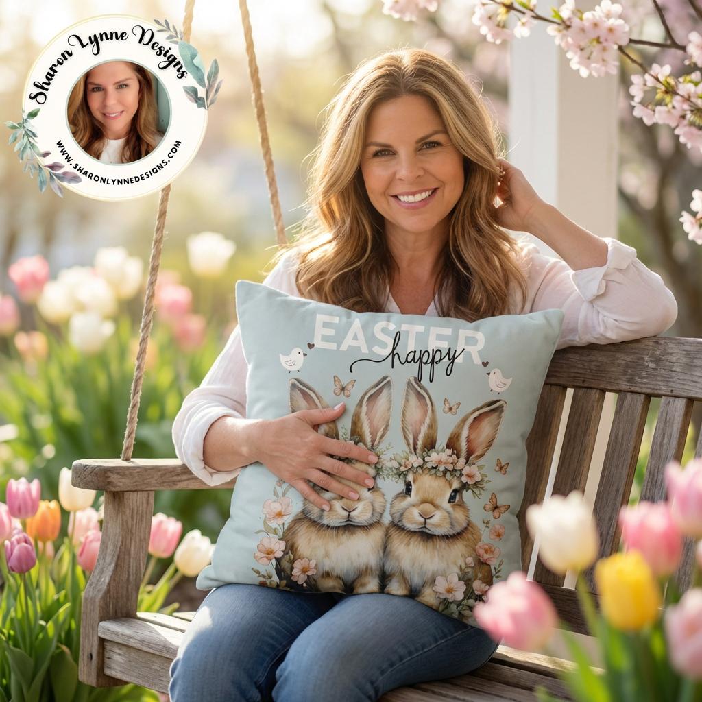 Happy Easter Bunnies Faux Suede Pillowcase - Spring Holiday Home Decor Throw Cushion