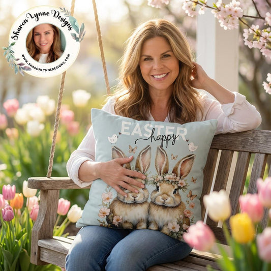 Happy Easter Bunnies Faux Suede Pillowcase - Spring Holiday Home Decor Throw Cushion