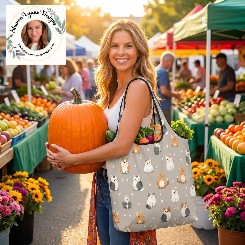 Sweet Kitties Folding Reusable Grocery Shopping Bags -  Cat Themed Eco-Friendly Tote Storage