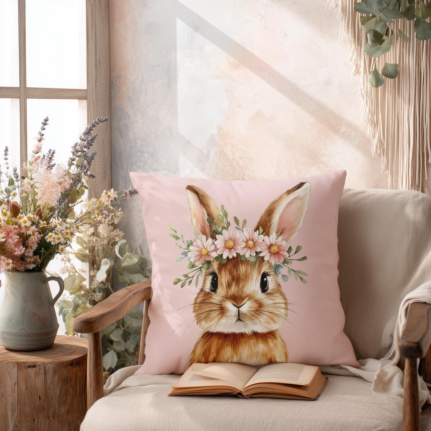 Boho Bunny Faux Suede Pillow Cover – Easter Decor Pillowcase