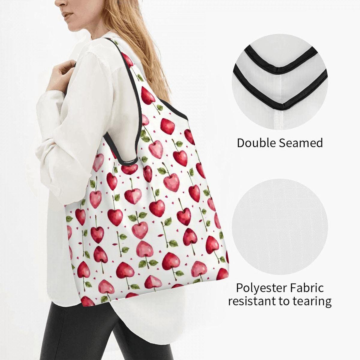 Cherry Folding Reusable Grocery Bags - Compact Eco Shopping Tote with Fruit Print Design