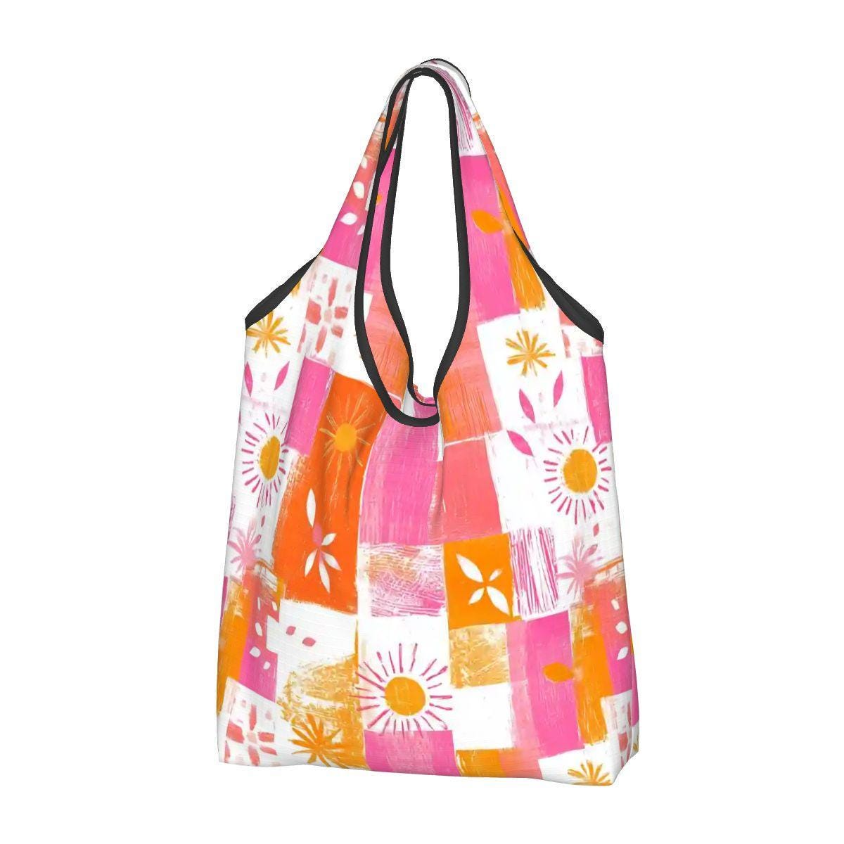 Pink Orange Folding Reusable Grocery Shopping Bags Compact Eco-Friendly Tote Storage