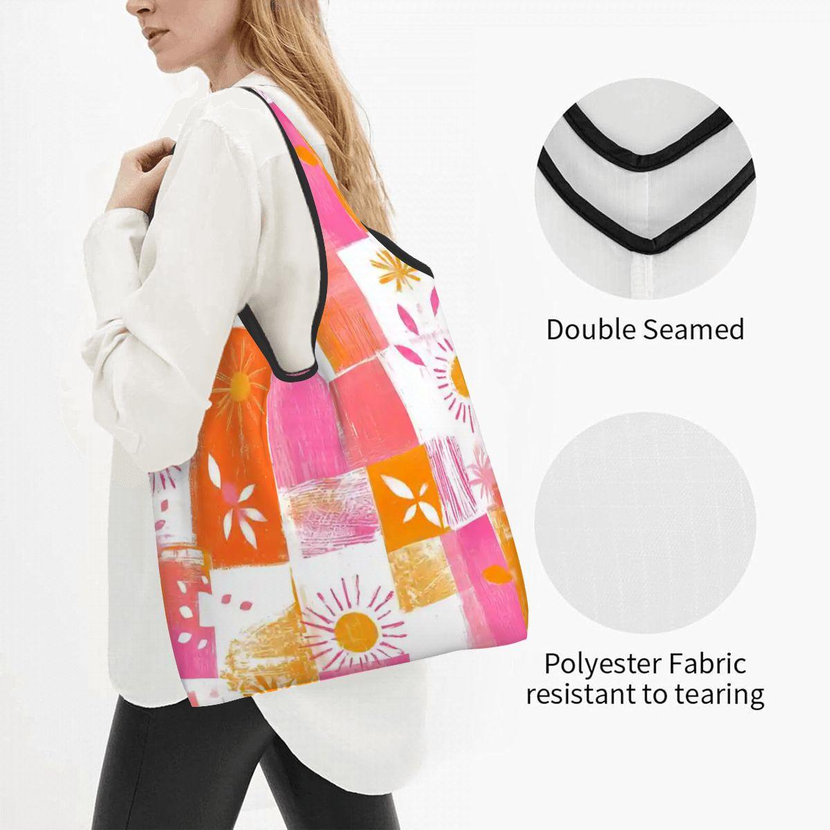 Pink Orange Folding Reusable Grocery Shopping Bags Compact Eco-Friendly Tote Storage