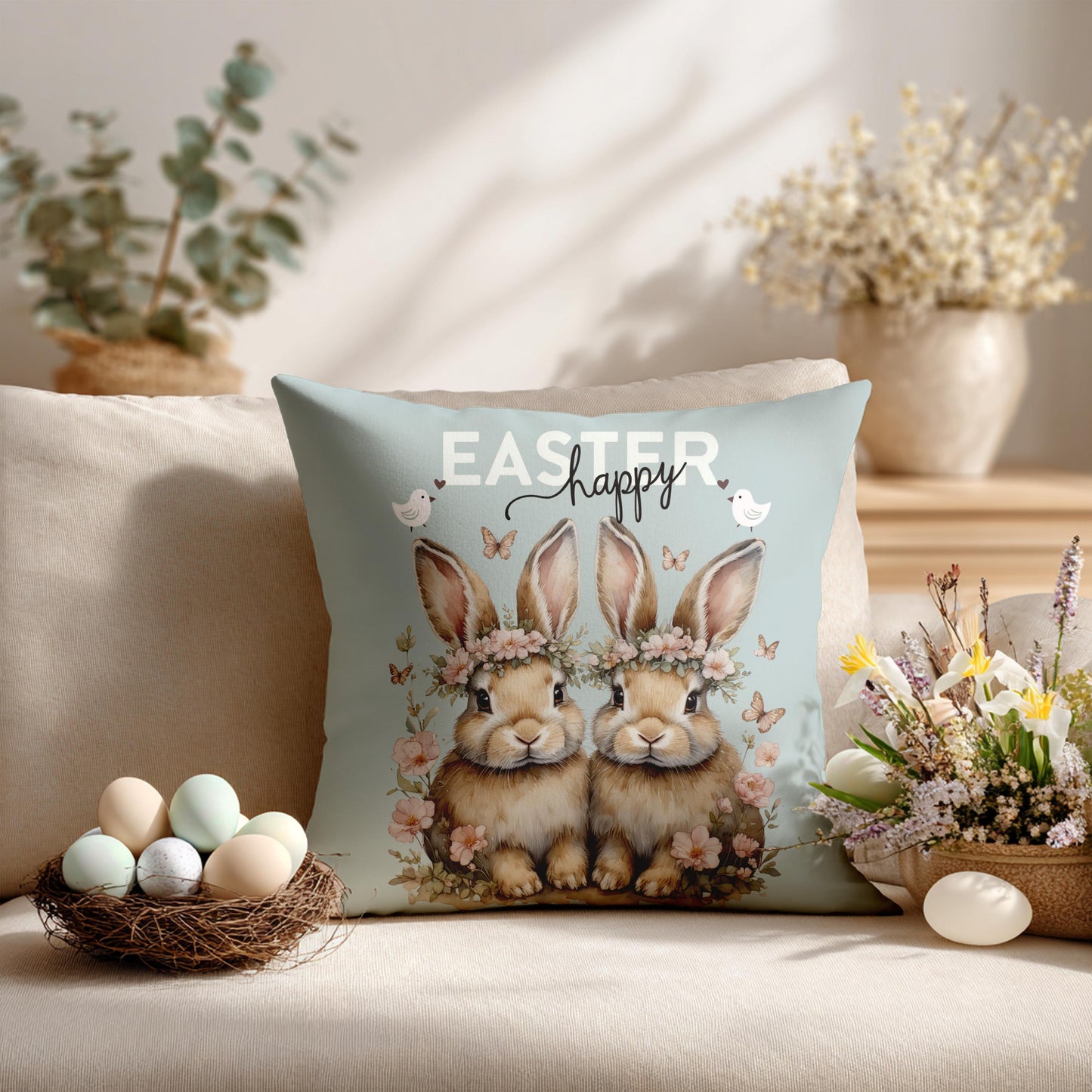 Happy Easter Bunnies Faux Suede Pillowcase - Spring Holiday Home Decor Throw Cushion