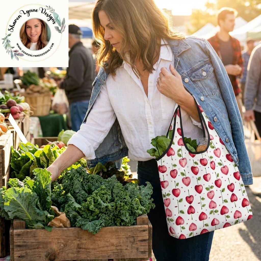 Cherry Folding Reusable Grocery Bags - Compact Eco Shopping Tote with Fruit Print Design