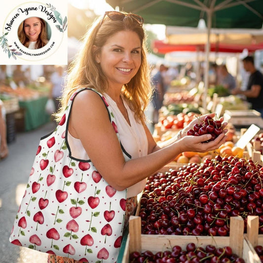 Cherry Folding Reusable Grocery Bags - Compact Eco Shopping Tote with Fruit Print Design