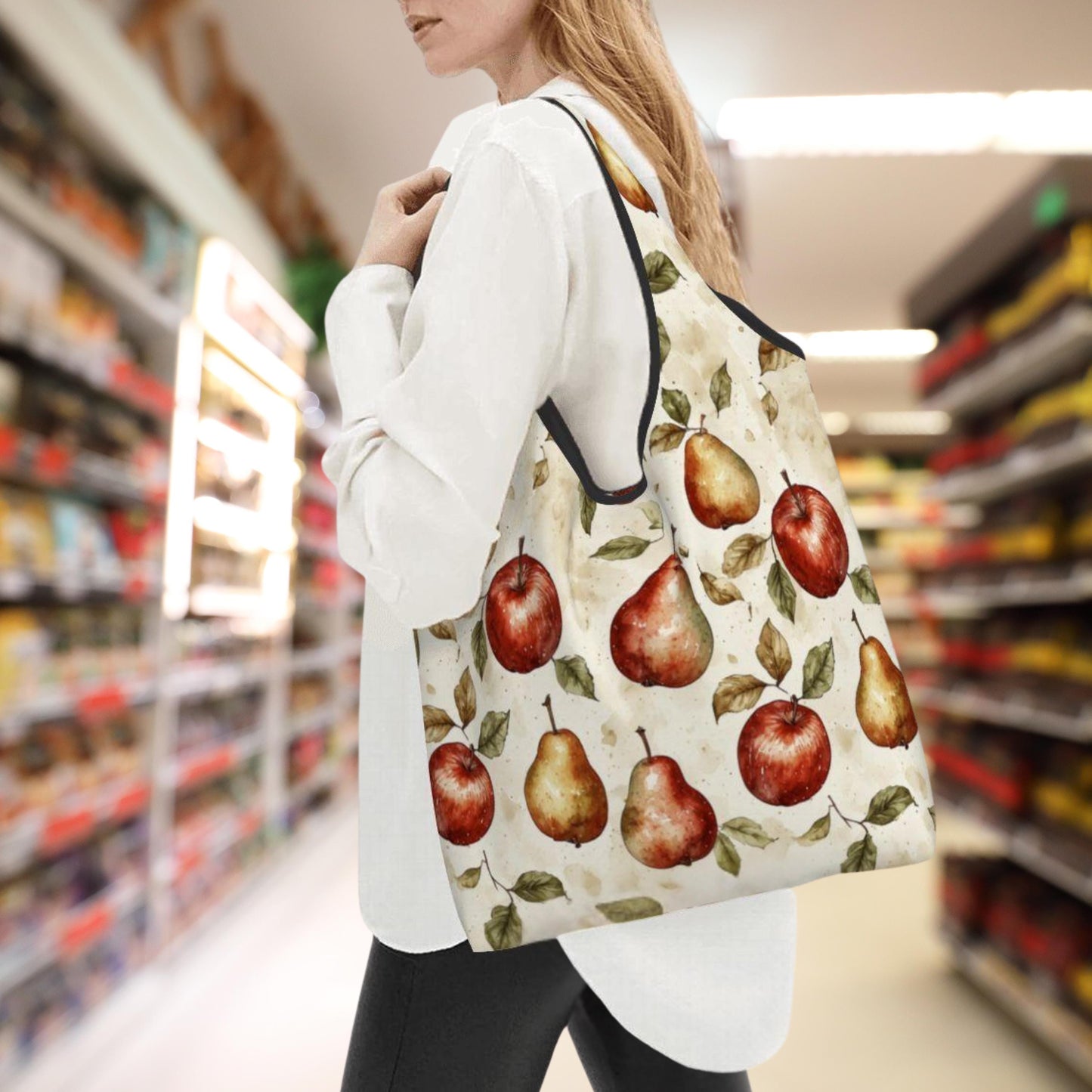 Fruit Pattern Folding Reusable Grocery Bags - Apples Pears Shopping Tote Eco-Friendly Market Bag