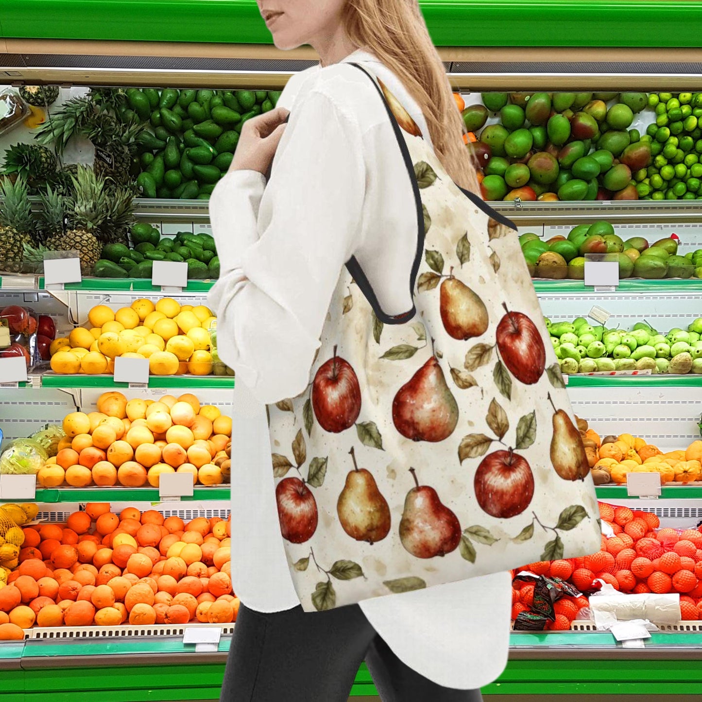 Fruit Pattern Folding Reusable Grocery Bags - Apples Pears Shopping Tote Eco-Friendly Market Bag
