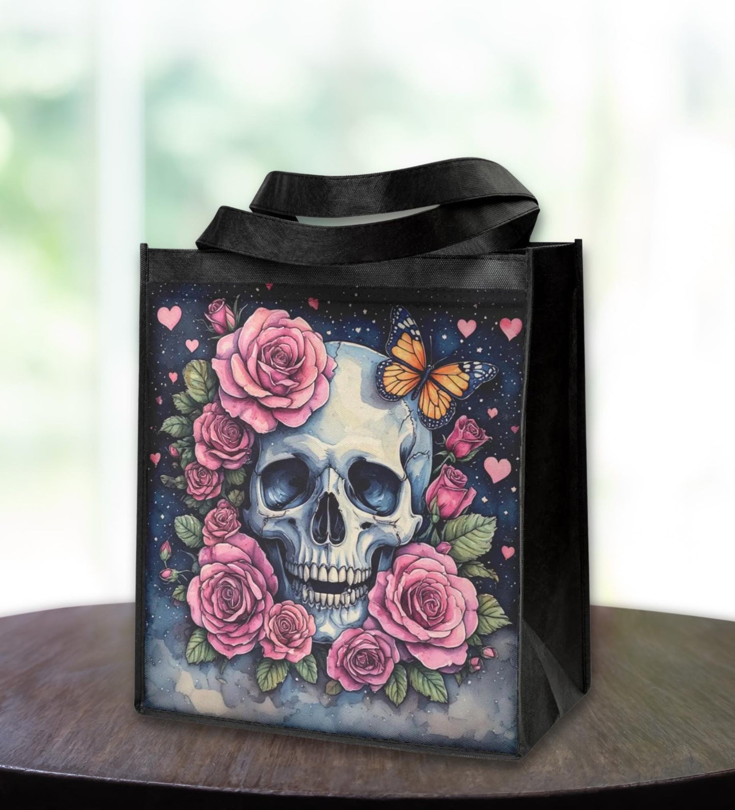 Sugar Skull Tote Bag, Reusable Grocery Shopping Bag, Eco-Friendly