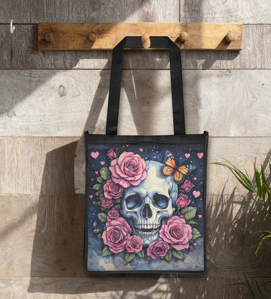 Sugar Skull Tote Bag, Reusable Grocery Shopping Bag, Eco-Friendly